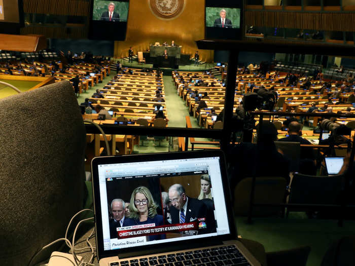 At least one person attending the United Nations General Assembly watched Ford speak on a laptop.