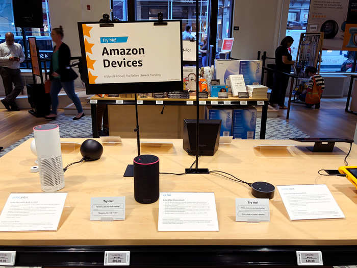 ... and the entire line of Alexa-enabled smart-home devices and tablets. Every version of the Echo was available in store when we visited, and a lot of employees were waiting by each table trying to demonstrate how everything works.