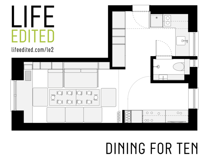 Another plan shows how the space can be configured to host a dinner party for 10 people.