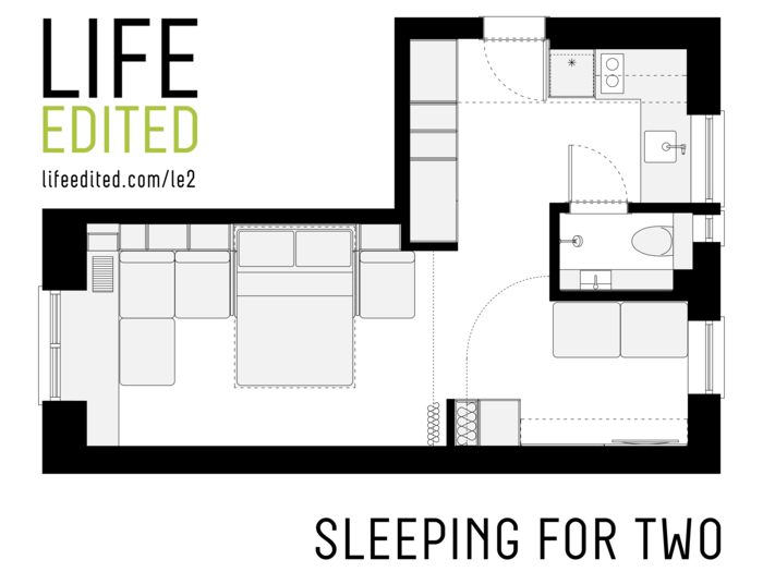 Hill came up with several different floor plan options, depending on whether you want to use the apartment as a studio or to host guests. Shown here is the sleeping arrangement for two people in one bed.