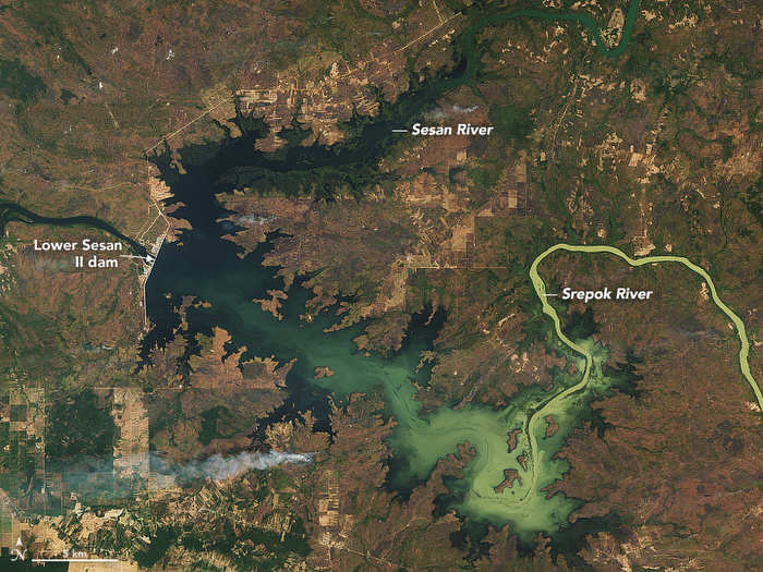 The reservoir is on the Sesan River and Srepok River, and the dam is expected to bring 400 megawatts of electricity to the region. But the reservoir is displacing communities and decreasing supplies of fish. "The dam is likely a harbinger of things to come," NASA says, adding that several dams will be added to the Mekong in the future.