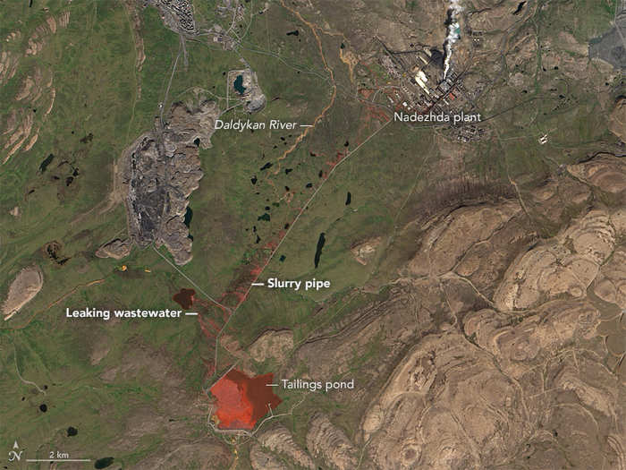 In 2016, photos of a blood-red Daldykan River in Norilsk, Russia, spread across the internet. NASA says satellite imagery reveals this was not an unprecedented sight — a similar scene happened in 2001. Pollution from a metal-extracting industrial complex is believed to be the cause.