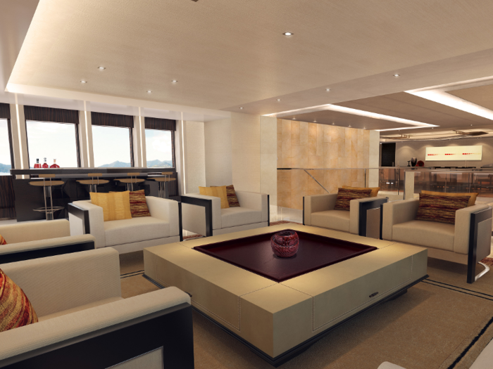 The yacht has four interior lounges and two dining rooms.