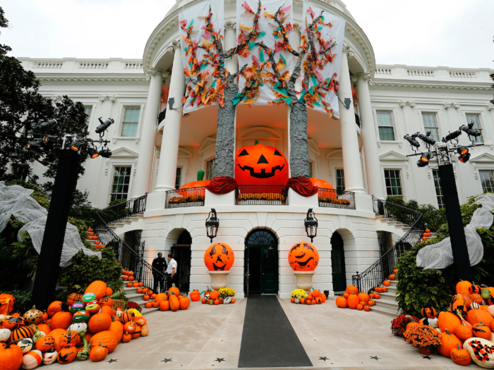 The White House was decked out in orange pumpkins on October 31, 2014.