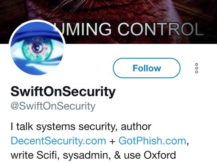 21. SwiftOnSecurity, a novelty Twitter account that offers commentary on technology through Taylor Swift