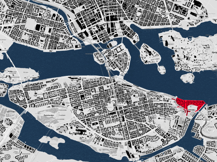 Masthamnen, in red, is located in a valley surrounded by three hills.