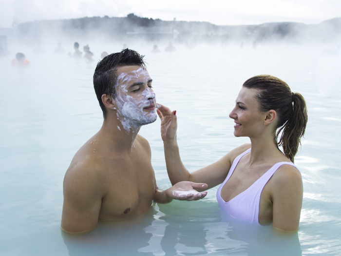 Many photos of the Blue Lagoon show couples and friends joyfully and expertly applying clay masks.