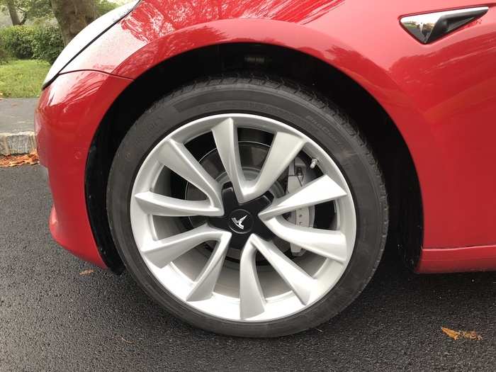 The brakes are pretty heft, and they should be, as the Model 3 in this configuration can dash from 0-60 mph in about five seconds.