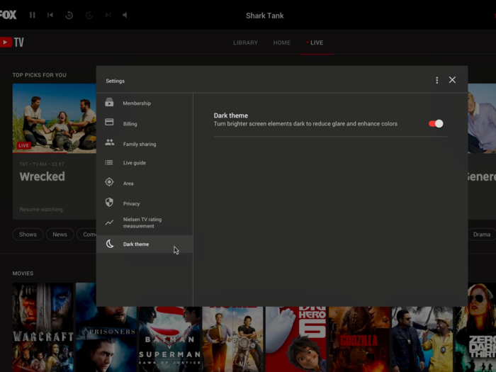 YouTube TV added a dark theme to cut down on glare.