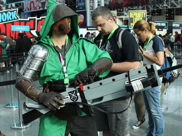 Tommy Bergeron dressed as a character from the Monster Hunter World video game. He made the leather pieces and bought the rest, spending about $1,000 total.