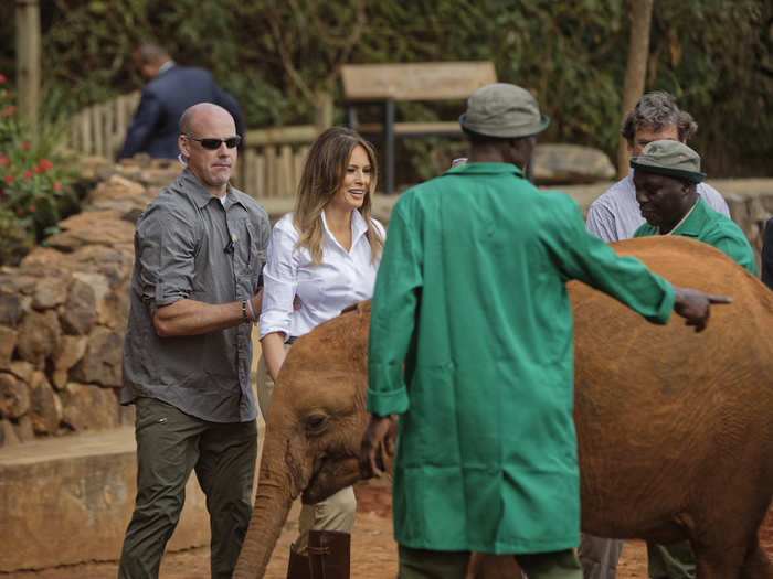 Luckily, the baby elephant was quickly calmed and Mrs. Trump laughed the incident off.