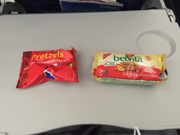 The flight attendants gave out both pretzels and Belvita biscuits, which was helpful since I hadn