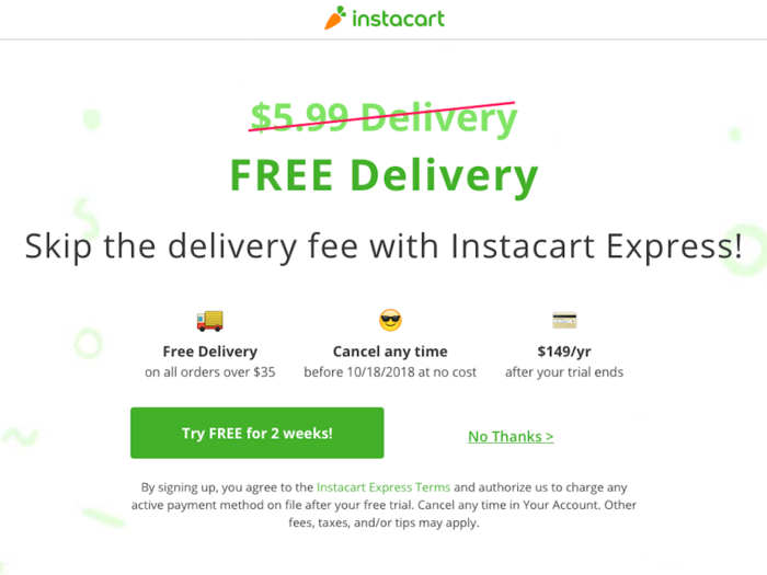 Once I logged in, Instacart went straight to selling me a membership.