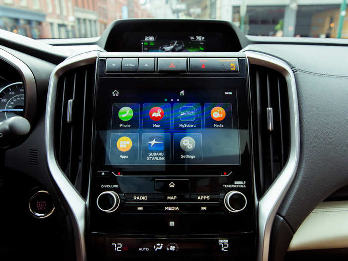 The center stack is dominated by an optional eight-inch high definition touchscreen running the latest variant of Subaru