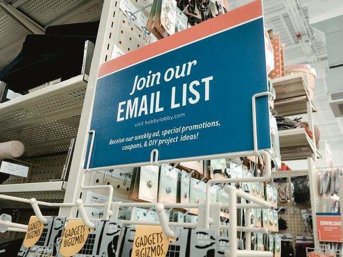 There were signs throughout the store that had information about its social-media profiles, as well as instructions for how to join the email list, which offers a weekly ad, special promotions, coupons, and project ideas.