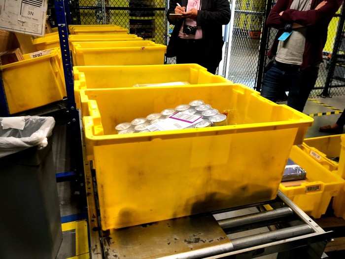 The fulfillment center relies heavily on these yellow bins, which I saw everywhere throughout my tour. Each bin has its own bar code, and items that arrive at the fulfillment center are sorted into these bins using a process Amazon calls "random stow."