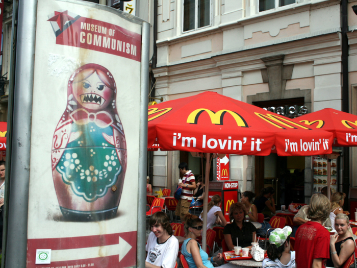 Right next to the Museum of Communism in Prague, Czech Republic, sits a McDonald