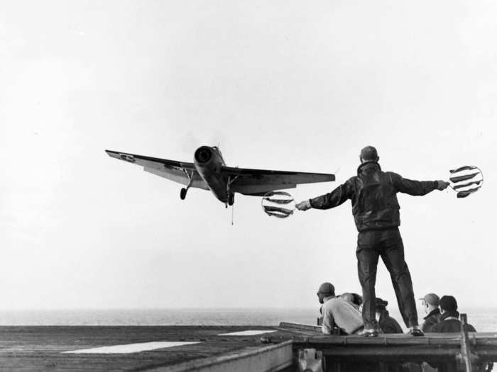 Grumman TBF Avengers were torpedo dive bombers that could drop bombs and torpedoes. The escort carriers launched them with a primitive hydraulic launch system and recovered them with a cable, Bostic, the Navy reference librarian, said.