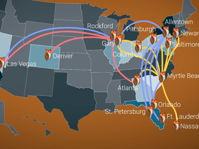 Hooters Air flew to 15 destinations, including Las Vegas and Denver ...