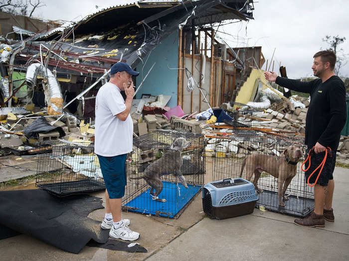 Homes and businesses have been destroyed. Here, Rick Teska (left) helps a business owner rescue his dogs from the damaged business after Hurricane Michael passed.