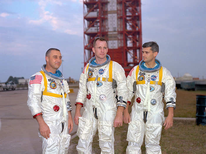 A year later, in 1967, the first Apollo mission ended in tragedy. A fire erupted on the launch pad during a pre-launch test, killing all three astronauts in the rocket. Ed White (center in the image below) was Armstrong