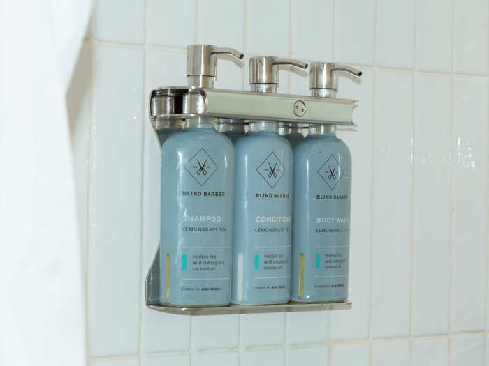 Instead of the mini bottles you might see in a typical hotel, the toiletries are full-sized with pump dispensers.