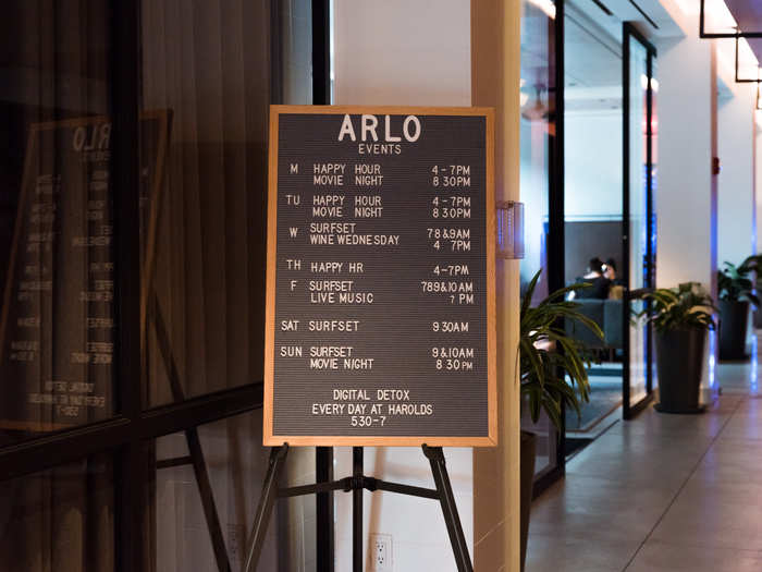 Arlo offers nightly events that can include movie nights with classic films screened with a projector in one of the lounge areas, live music nights, and fitness classes on the roof.