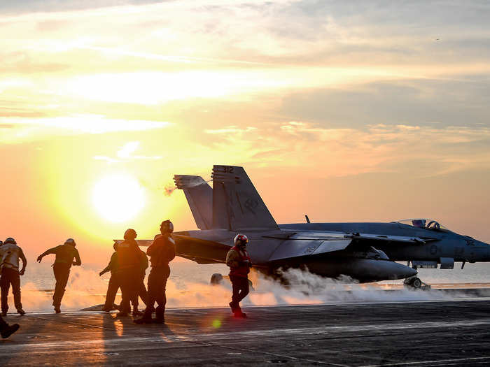 An F/A-18E Super Hornet assigned to the Stingers of Strike Fighter Attack Squadron (VFA) 113 launches from the flight deck of the aircraft carrier USS Theodore Roosevelt (CVN 71) on Feb. 5, 2018.