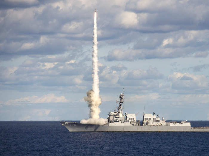 The guided-missile destroyer USS Jason Dunham (DDG 109) launches a SM-2 missile during a live fire exercise on Nov. 1, 2017