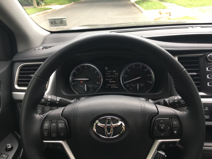 In front of the driver is a 4.2-inch color information display flanked by two traditional analog gauges. The Highlander comes standard with the Toyota Safety Sense package, which includes collision warning, pedestrian warning, lane-departure warning, automatic high beams, and radar cruise control.