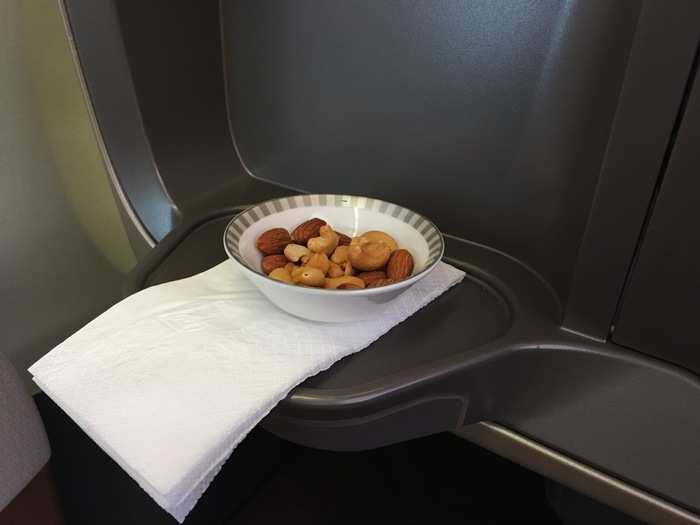 Shortly after takeoff, the crew served a snack of mixed nuts.