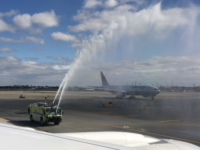 Next up, fire trucks commemorated the special occasion with a water cannon salute.