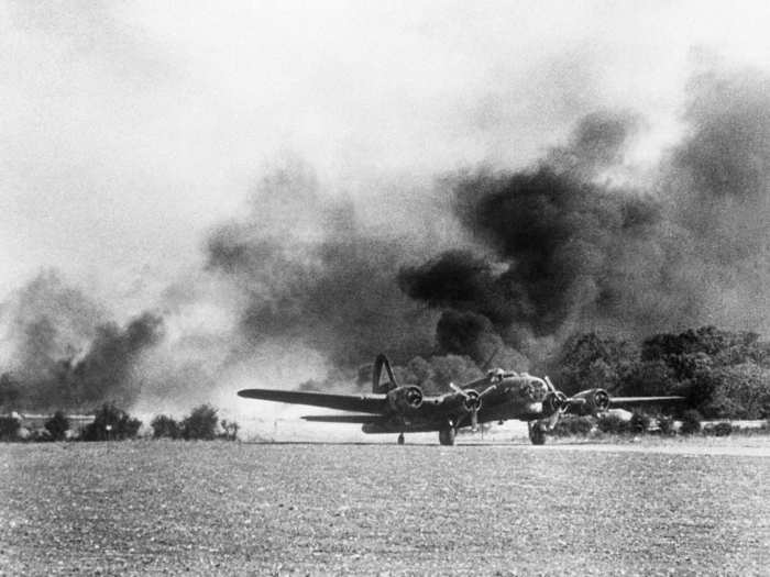 "We saw everything imaginable thrown at us. Fighters ... lined up at beyond our gun range and began launching rockets that appeared to be like a telephone pole as they passed by us and exploded," said Sgt. John Piazza, a gunner. "Some enemy aircraft flew above us towing bombs on long cables hoping to entangle the cable on a Flying Fortress. We had never seen so many enemy fighters before or afterwards."