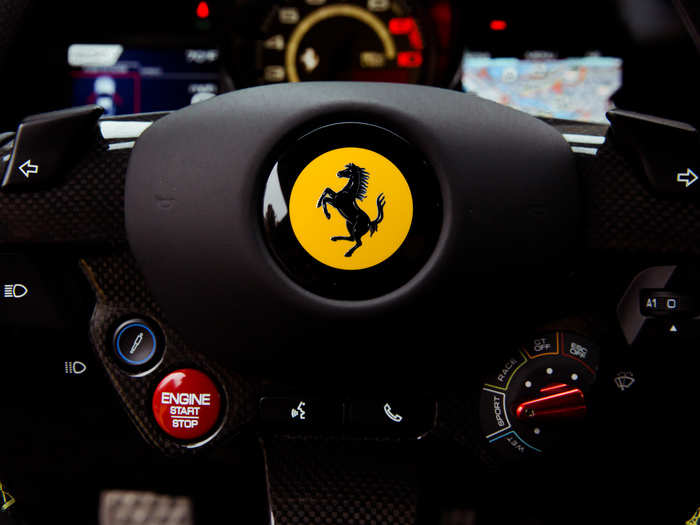 Hard to miss the stop-start button, and the famous manettino dial enables the driver to switch modes: wet, sport, race, and setting that shit down the traction and stability control.