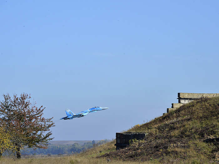 Designed as an interceptor and air superiority fighter, the highly maneuverable Su-27 has a top speed of about 1,800 mph and a maximum ceiling of about 59,000 feet.