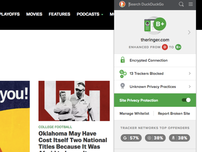 One cool privacy feature was the ability to see the number of ad trackers blocked on each website I visited. On the TheRinger.com, for instance, DuckDuckGo was able to block 13 trackers for me.