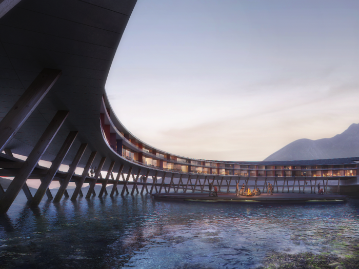 The distinctive shape of the hotel was designed to give guests panoramic views of the fjord.