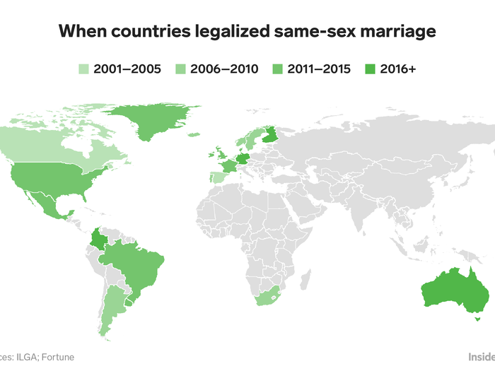 Australia, Germany, and Malta were the most recent to adopt same-sex marriage, in 2017. The first country to do so was the Netherlands, in 2001.