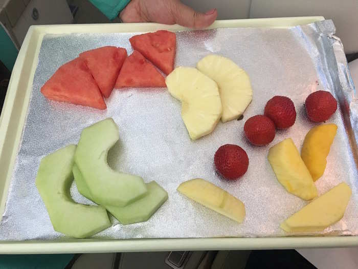 A separate tray of melon, strawberry, apple and other fruits was also offered to passengers.