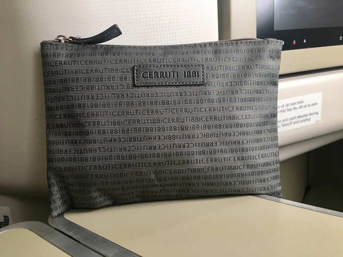 Passengers received an amenity kit by luxe Parisian fashion house Cerruti 1881. I knew well before the end of the flight that I’d want to keep the understated but stylish pouch for future use.