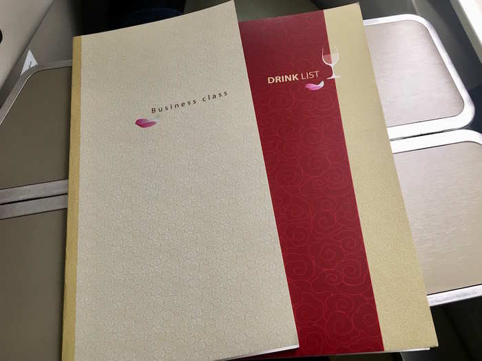 While still on the ground, passengers received a food and drink menu exclusively for business class passengers.