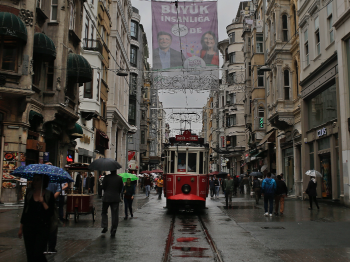 Trams are also used in Turkey, traveling through the middle of crowded streets.