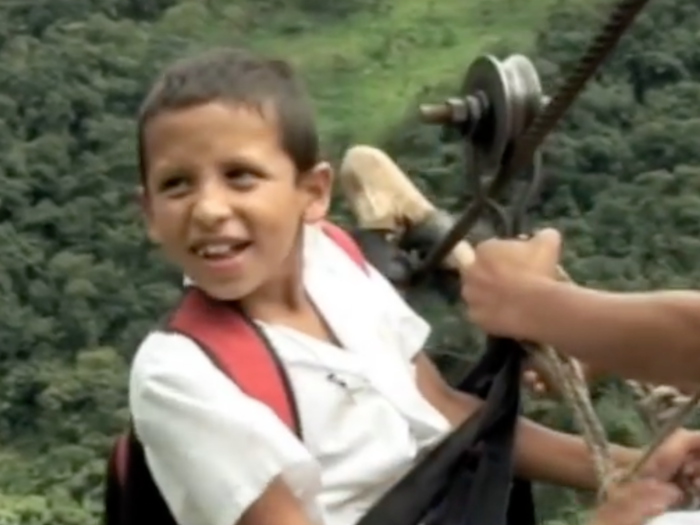 A zip line takes children to school in Columbia, which reaches speeds up to 40 miles per hour.