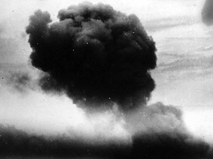 The USS St. Lo escort carrier just moments after getting struck by a Japanese Kamikaze, pilots trained for suicide attacks meant to destroy US ships. The Battle of Leyte Gulf was the first time Japan used Kamikaze fighters.