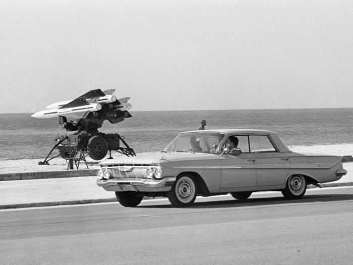 US Army anti-aircraft rockets mounted on launchers and pointed out over the Florida Straits in full view in Key West, Florida, October 27, 1962.