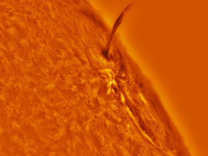 A prominence of plasma leaps out of the sun in this runner-up picture. The same region of the solar surface blasted out a powerful solar flare just hours before this image was taken.