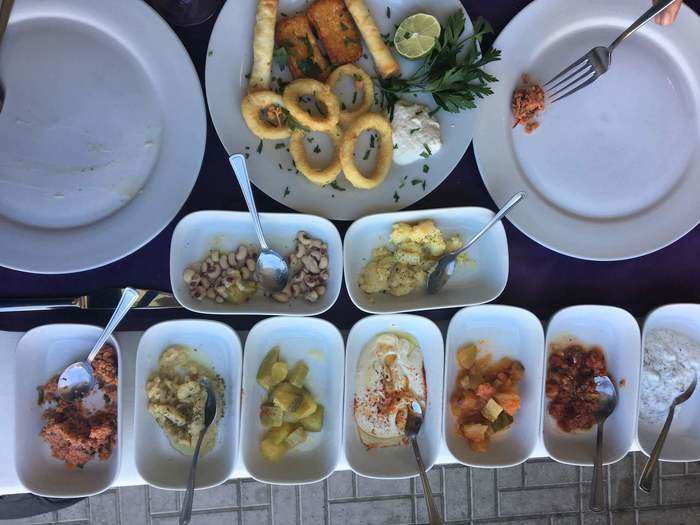 Kyrenia has some excellent seafood restaurants. Whether you are on the north or south of Cyprus, the heart of the cuisine is mezze, a spread of small dishes like hummus, kebabs, beans, various pickled vegetables, and seafood, depending on the restaurant.