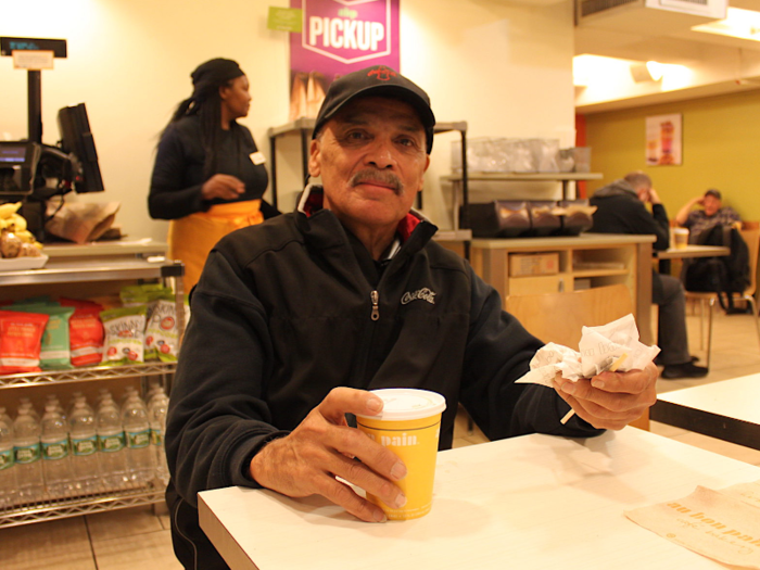 He usually grabs oatmeal and coffee at a bakery near Liberty Coca-Cola, but today he enjoyed a bagel and coffee at Penn Station