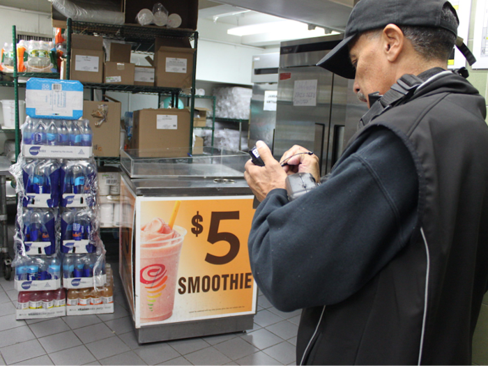 Santiago has to schedule his day around store hours. Jamba Juice, which is open for deliveries by 7 a.m., was his first stop of the day.