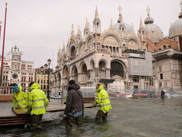 During times of flooding, the city erects elevated platforms to help people get around above the water. But they were later taken out when the water levels got too high and they risked being washed away.